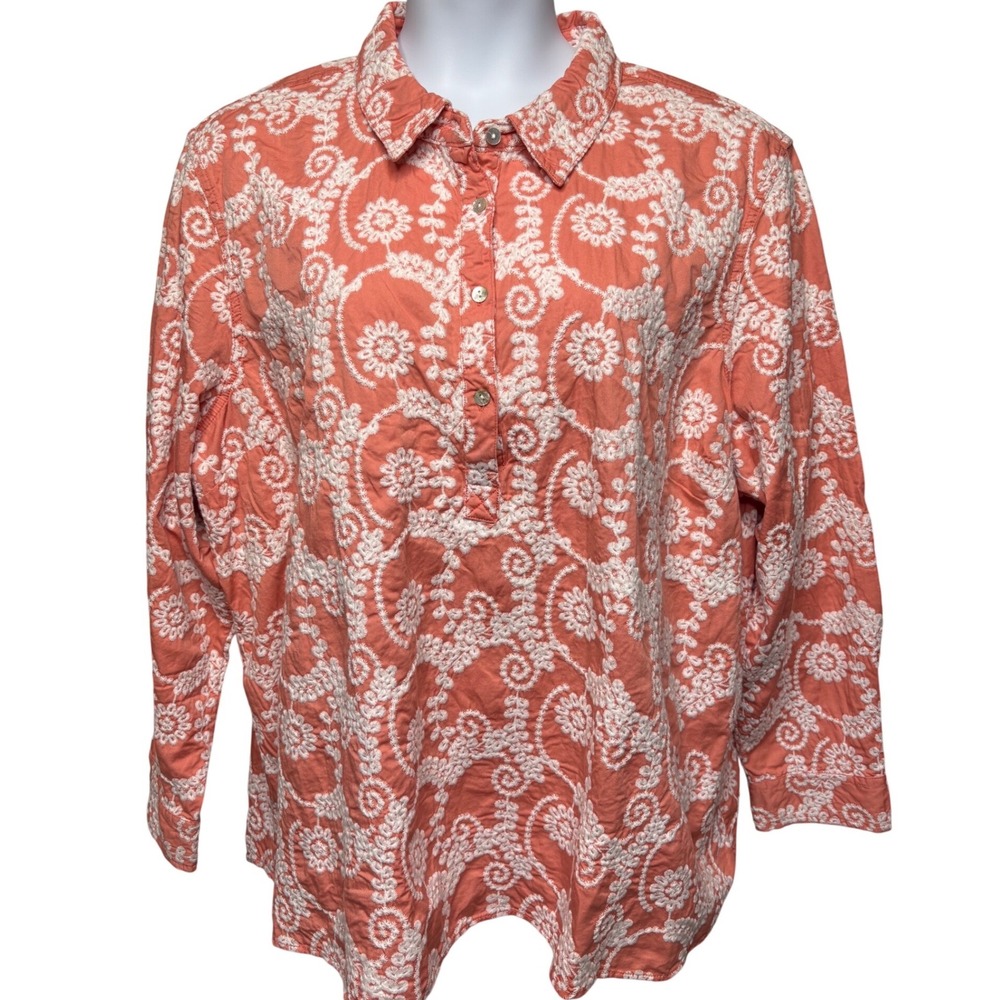 OSO CASUALS Coral Pink Embroidered Henley Shirt 3X Boho-Chic Cotton Coastal